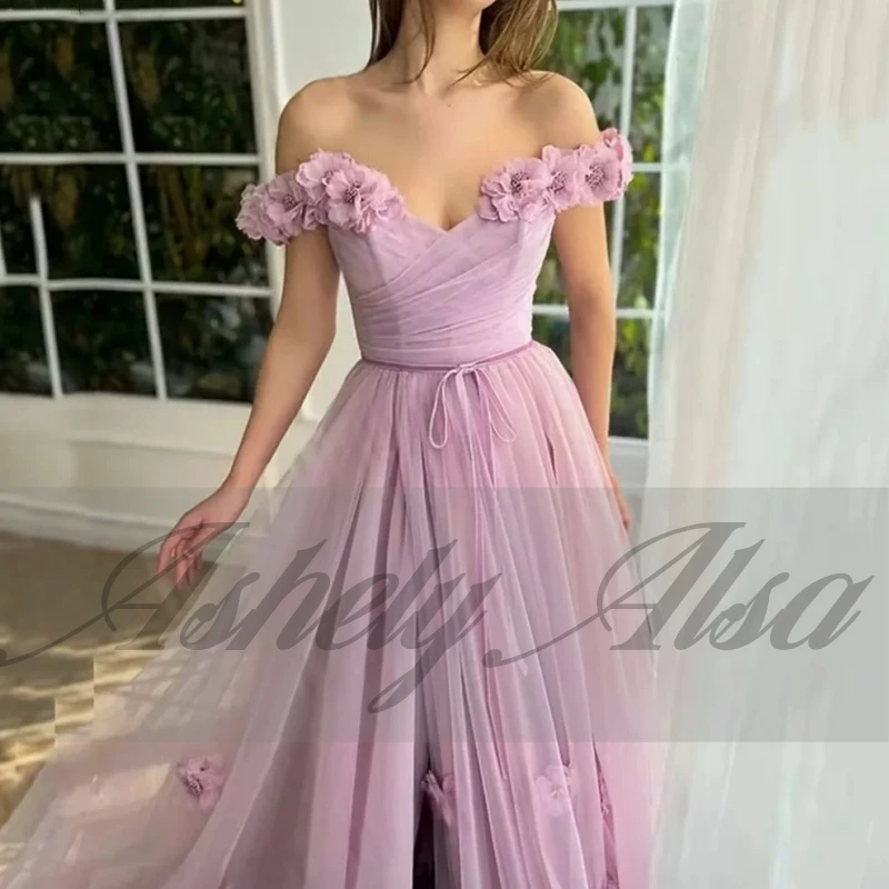 A2109 Eleganckie Liliowe Sukienki na Bal Maturalny Długie Odkryte Ramiona Kwiaty Marszczone Linia A Tiul Damskie Formalne Wieczorowe Suknie Ślubne na Przyjęcie Personalizowane