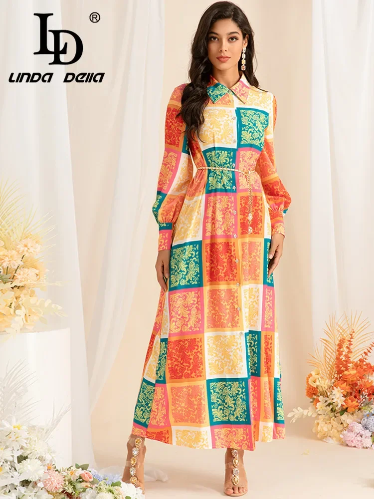 

Новое платье макси LD LINDA DELLA Весна/Лето 2024 с длинным рукавом, воротником-рубашкой, однобортное, винтажное, с принтом, оранжевое, с поясом-цепочкой