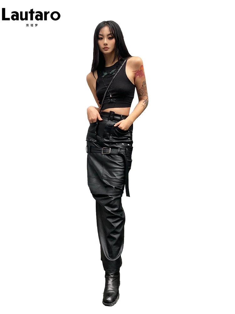 Lautaro Spring Autumn Cool Black Pu Leather Maxi Skirt Women with Back Slit Belt High Waist Long Luxury Designer Clothes 2023