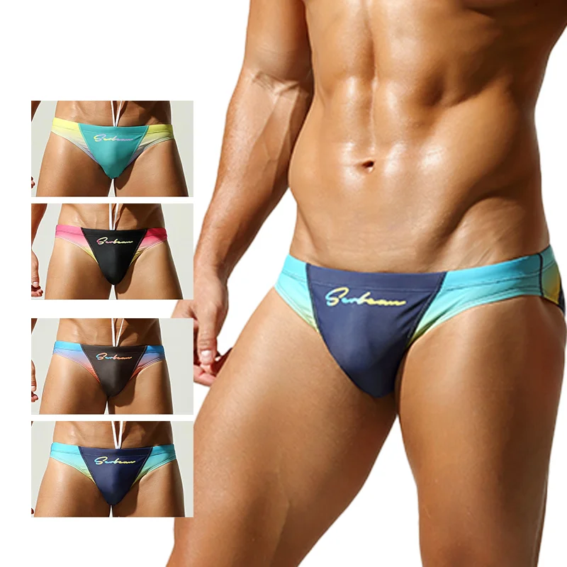 Men's Low Rise Triangle Swim Briefs, Drawstring Gradient Print Swimwear, Quick Dry Bathing Suits for Beach Pool Summer
