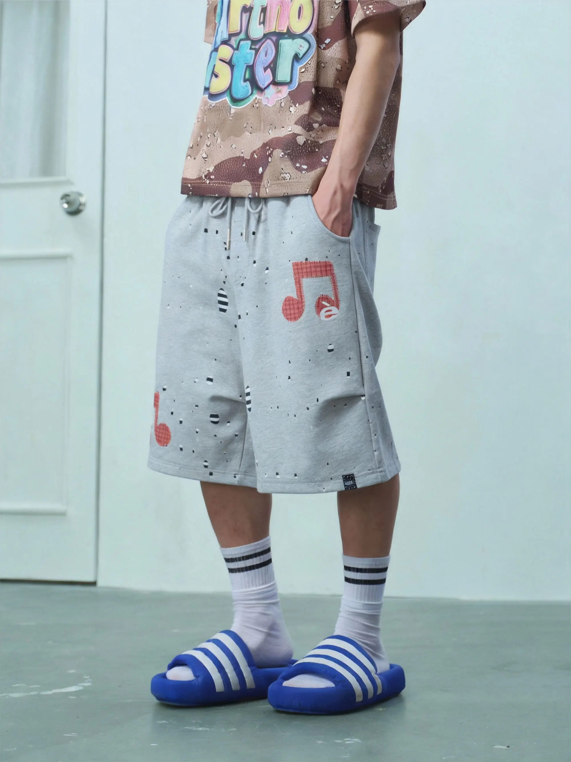 Patchwork Stitched Shorts Casual Cotton Men's mid Waist Standard Fit Sound Note Embroidery Design Summer Season Chinese Origin