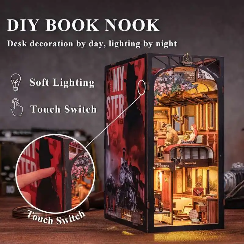 

DIY Book Nook Doll House with LED Light Dust Cover Bookshelf Insert Decoration Model For Birthday Gift Eternal Bookstore
