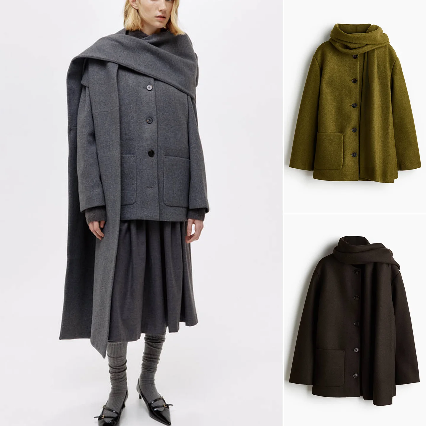 

Winter New Women's Briti Sle Long Sve round Ne Scarf Design Coat Single Button Polyester Fiber 00% Faion Outerwear