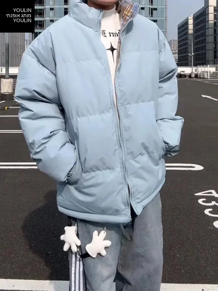 Thickened Winter Cotton Jacket Youth Trendy Short Style Unisex Plaid Patchwork Bread Style Coat Warm Stand Collar Casual Wear
