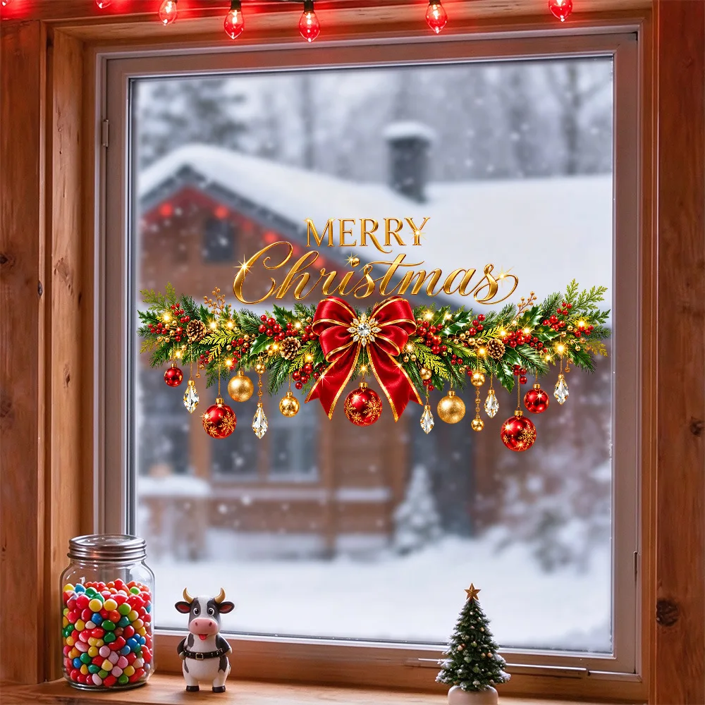Merry Christmas Garland Window Static Sticker,Xmas Bow Ball Glass Decal,Removable Reusable Home Shop Window Decor Natal Ornament