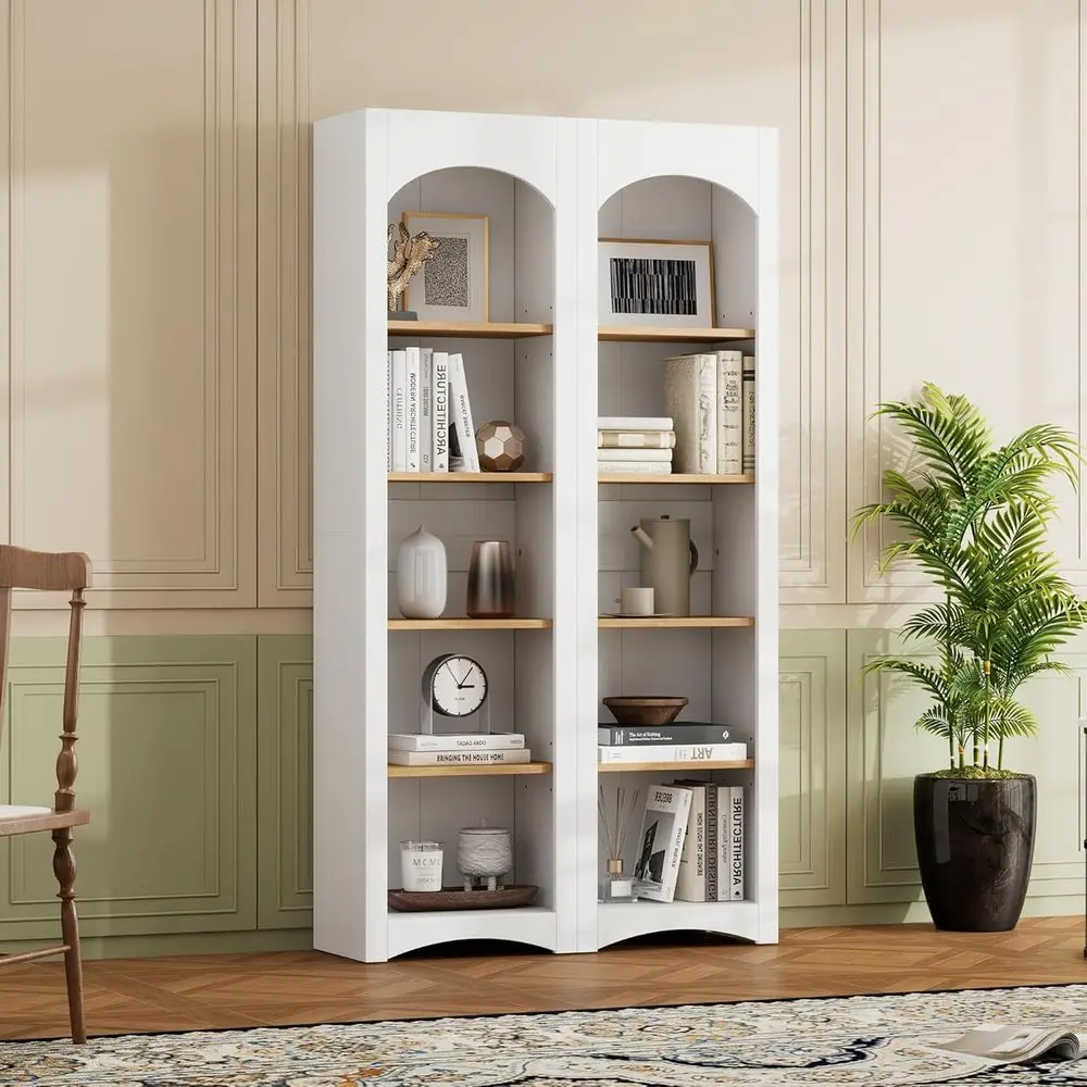 5-Tier Bookshelf Set, Dual-Tone Storage Cabinet, 72 Tall, Adjustable Shelves, Home Office, Kitchen Pantry, White