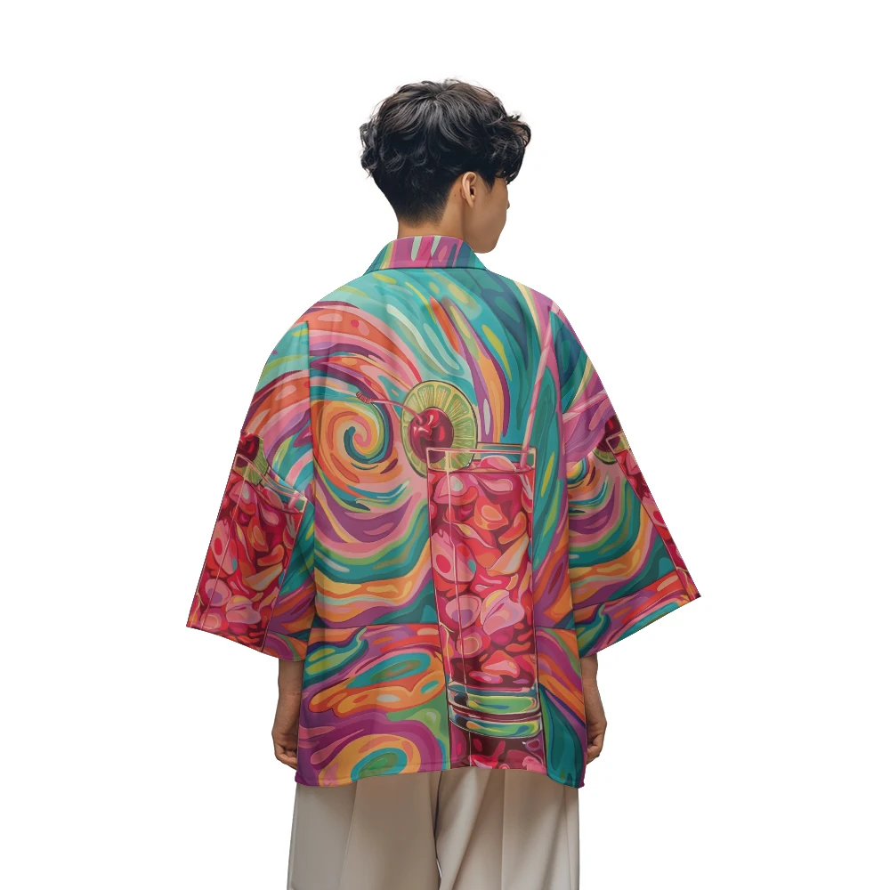 Classic Fashion Design Sense of Summer Dazzle Colorful Drinks Woven Dojo Men's Fashion Design Casual Kimono Men's Tops