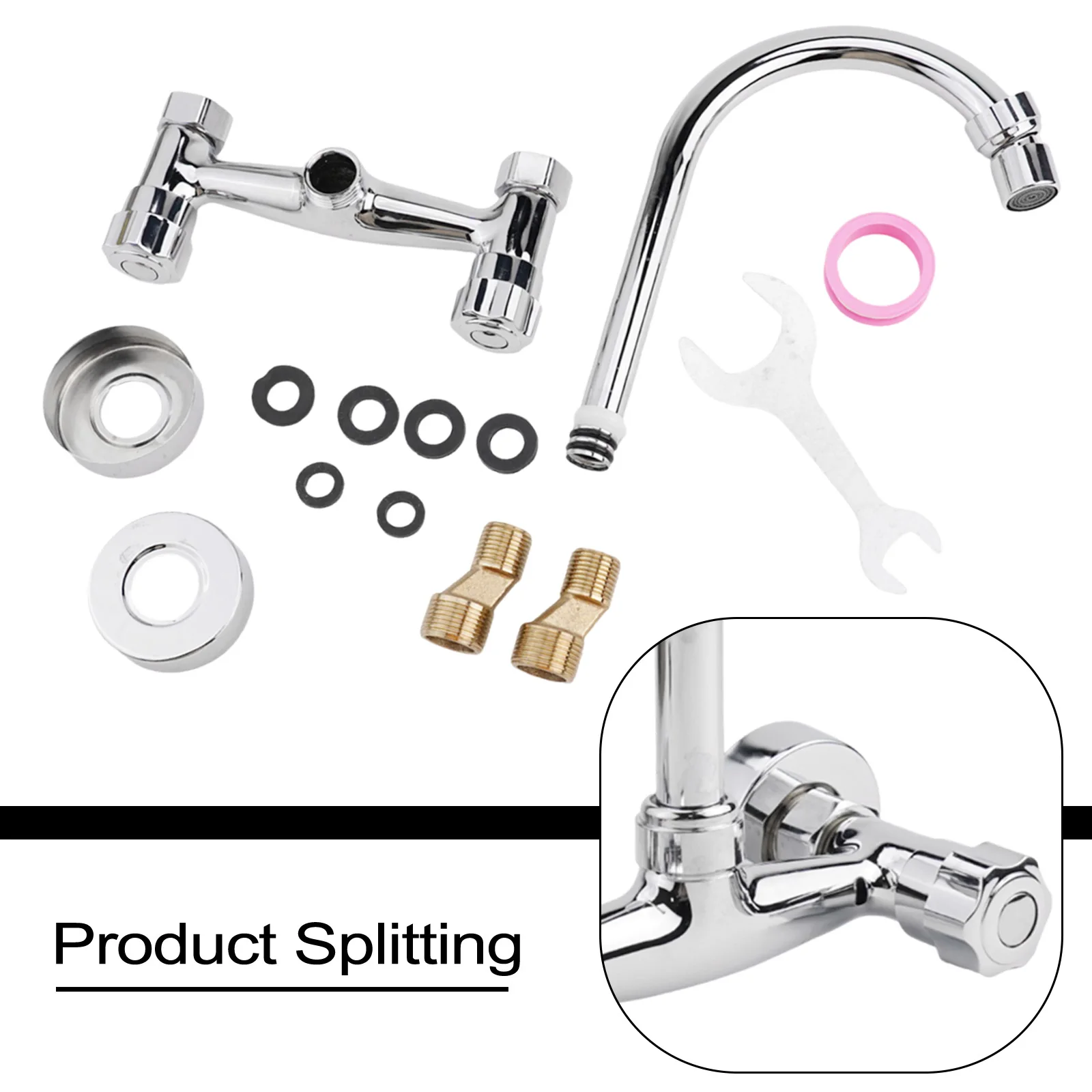 Stainless Steel Kitchen Sink Faucet Double Hole Wall Mounted Cold And Hot Faucet 360degree Swivel Kitchen Faucet        ﻿new