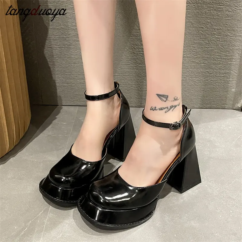 Shoes Pumps Size New Spring Summer Lady Chunky High Heels Round Toe Sexy Ankle Strap Dress Party Wedding Office Woman Pumps 2024