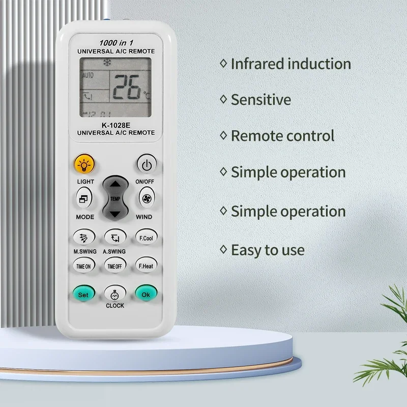 K-1028E 1000-in-1 Universal AC Remote Control, LCD Display, One-Click Setup for All Mainstream Air Conditioner Brands (12V)