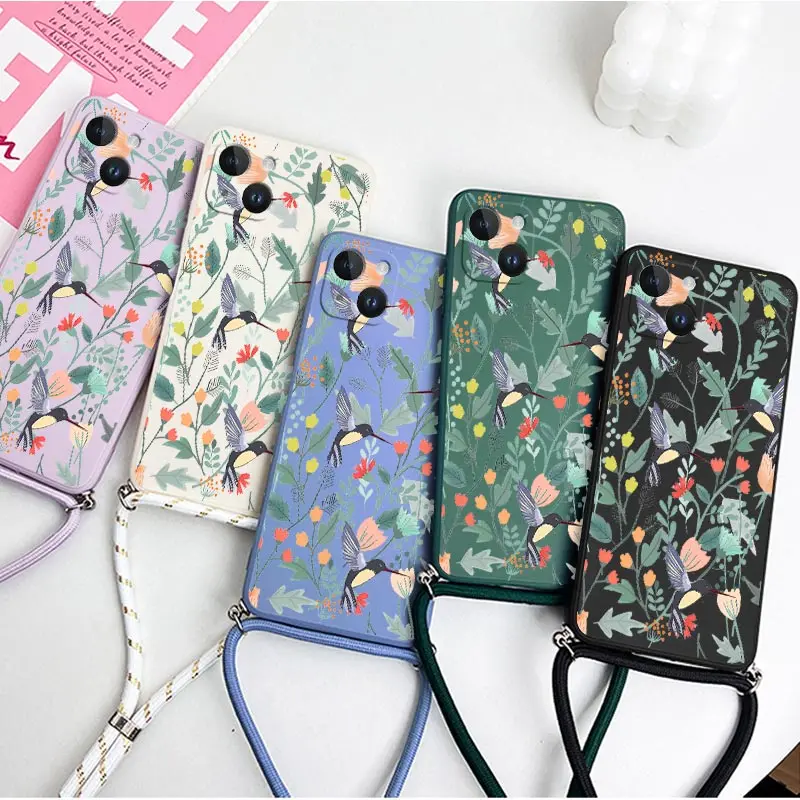 Free Bird Crossbody Lanyard Silicone Phone Case For iPhone 14 13 12 11 Plus Pro Max Mini X XR XS 8 7 6 6S Plus Cover