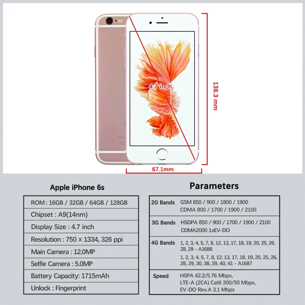 هاتف Apple iPhone 6s 4G LTE المحمول 16/32/64/128GB ROM 4.7 بوصة IPS LCD Touch ID 5MP + 12MP كاميرا A9 DualCore IOS هاتف محمول