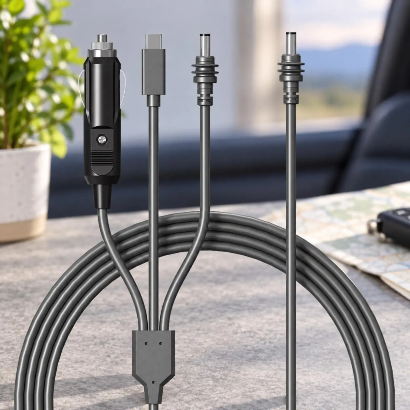 Car Socket Power Cable with Molded Connectors and Light Indicator for USB C and DC Accessory Use