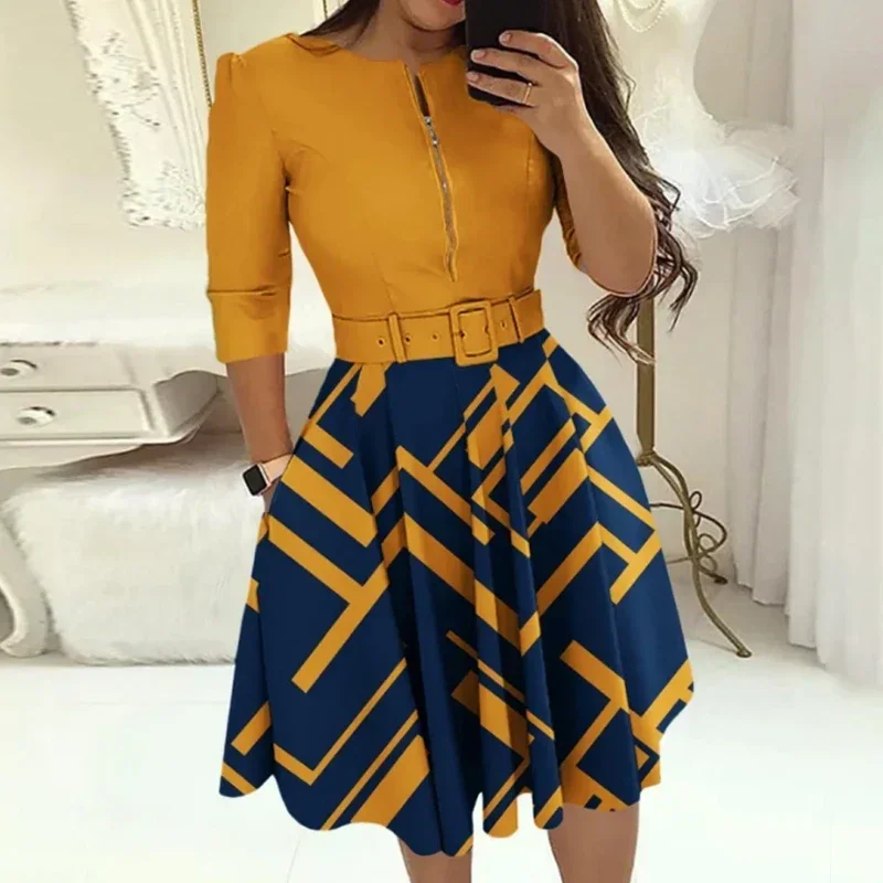 Fashion Women Patchwork A-line Dresses Autumn/Winter Round Neck Printed Belt Party Dress Elegant Office Lady Zipper Dress