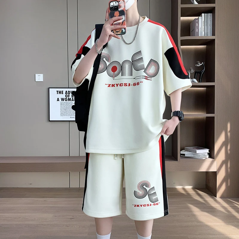 

Летний мужской спортивный костюм из ледяного шелка: футболка с коротким рукавом и шорты из полиэстера, молодежный модный комплект длиной до колена