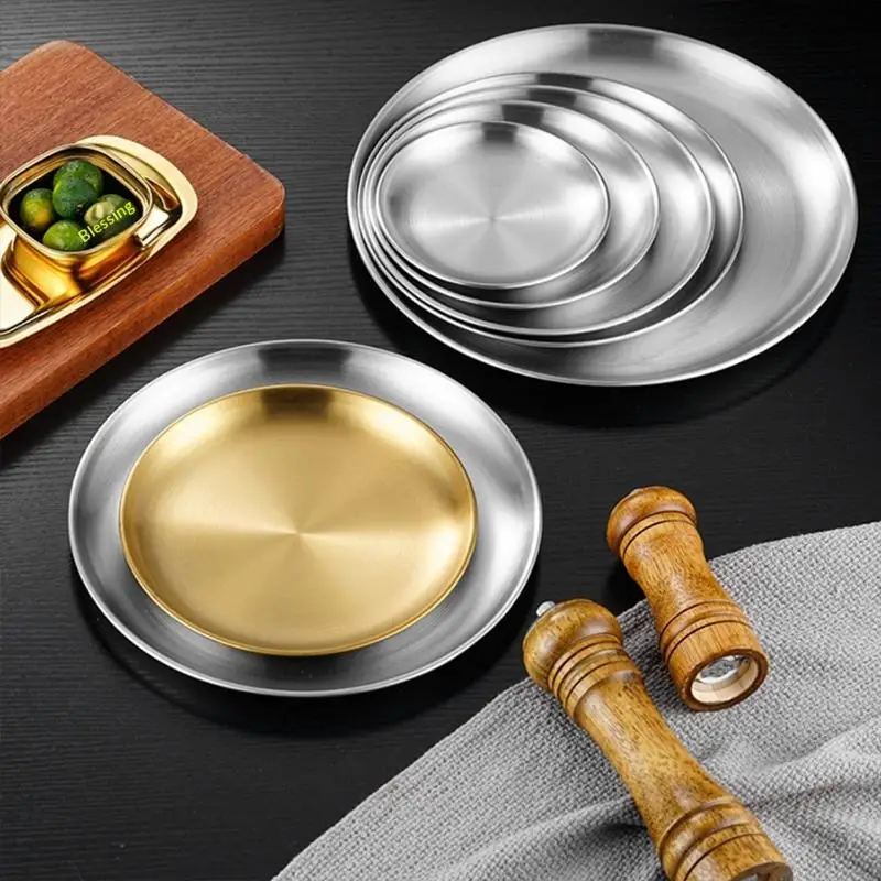 【BA】Plate Tray Dining Tray Steak Plate Korean Stainless Steel Circular Barbecue Plate