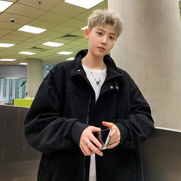 

Autumn Winter Men's Loose Casual Suede Jaet Stand Collar Outerwear Youth ular Polyester Fiber Long Sve Zipper Closure