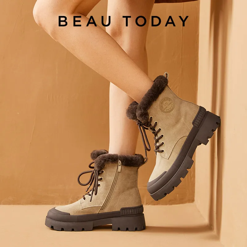 BeauToday Winter Boots Women Suede Leather Platform Ankle Boot Zip Closure Ladies Warm Fur Shoes Handmade 08215