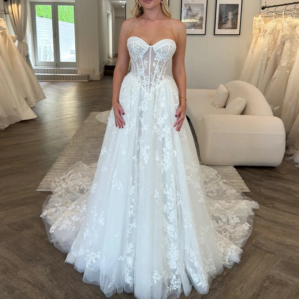 Customized A-line Glitter Tulle Appliques Bride Dresses Sleeveless Sweetheart Wedding Dress Boho Corset Bridal Gowns