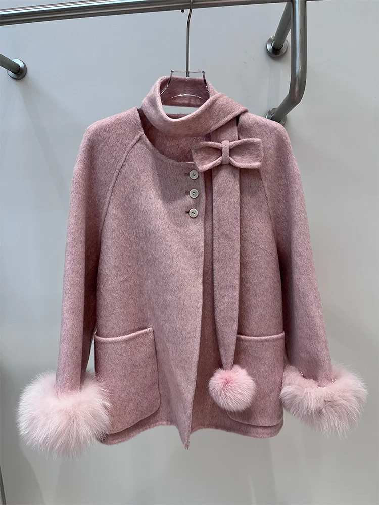 2025 Winter Warm Natuurlijk Echt Bont Vossenbont Manchetten Jas Kasjmier Warme Wollen Wollen Vrouwen Jas Uitloper Vrouwelijke Jas