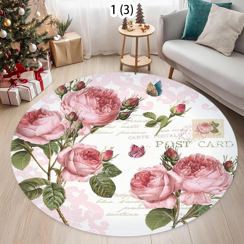 Rose Bouquet Pattern Round Area Rug Elegant Retro Style Non-Slip Floor Mat for Living Rooms Home Decor Areas