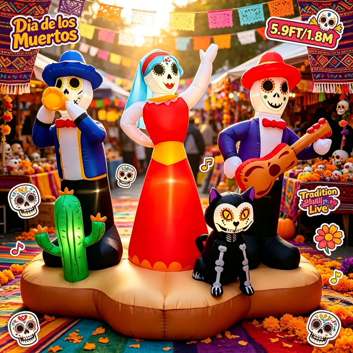 Dia de los Muertos Skeleton Band Outdoor Holiday Decorations LED Inflatable Model For Garden Backyard Party Decor