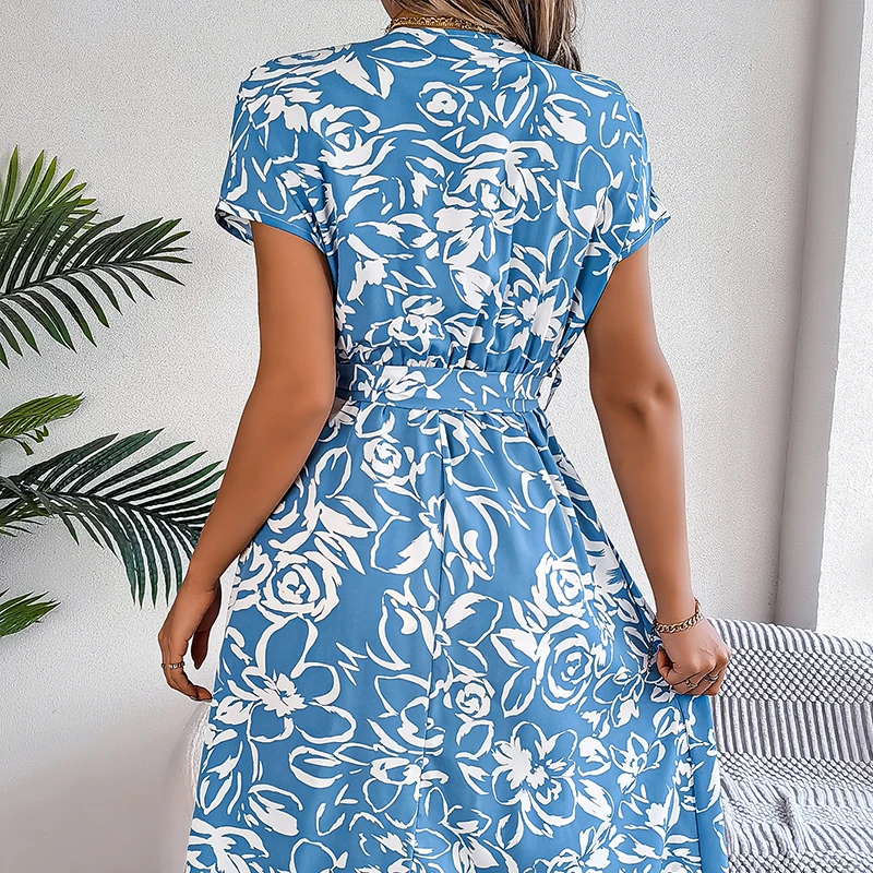 Casual Women's Summer Dress Boho Floral Print Pleated Beach Sundress Elegant Short-Sleeved Knee-Length V-Neck Dresses Vestidos