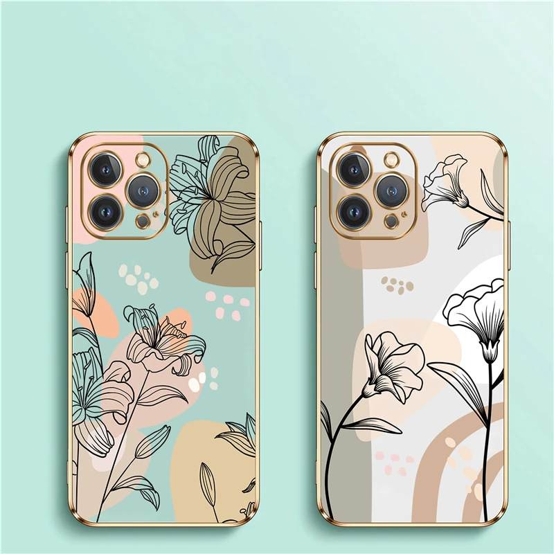 Plating Lens Protection Phone Case For iPhone 14 13 Pro Max 12 11 MiNi XR XS X 7 8 plus SE Silicone Flower Shockproof Back Cover