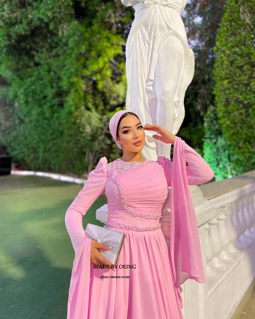 OEING Pink A-Line Prom Dresses Elegant Long Sleeves Muslim Evening Dress Formal Occasion Floor Length Gowns Vestidos De Novia