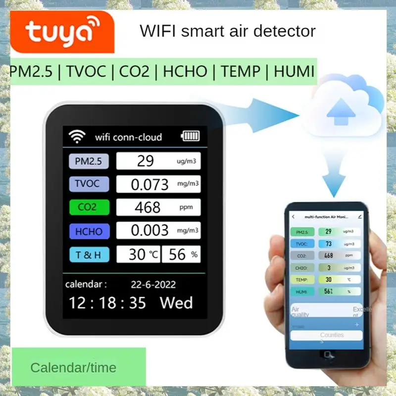 

Новый измеритель CO2 Tuya Wi-Fi 7 в 1, тестер TVOC HCHO PM2,5, датчик CO2, детектор газа формальдегида, белый