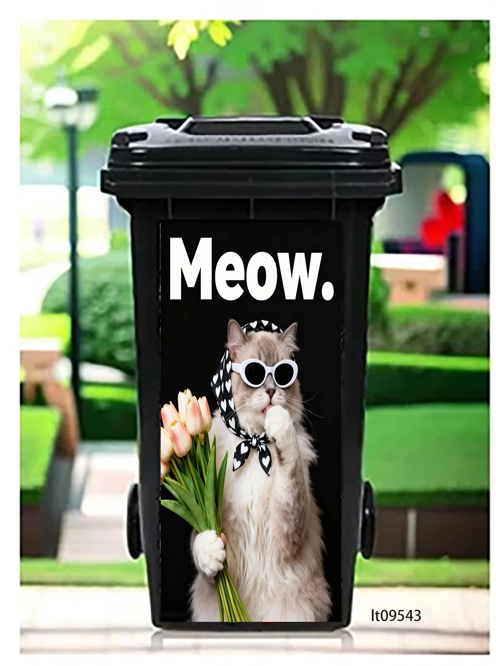 Stylish Vogue Cat Sunglasses Trash Can Sticker, Fashionable Pet Design Waterproof Peel and Stick Outdoor Bin Decal