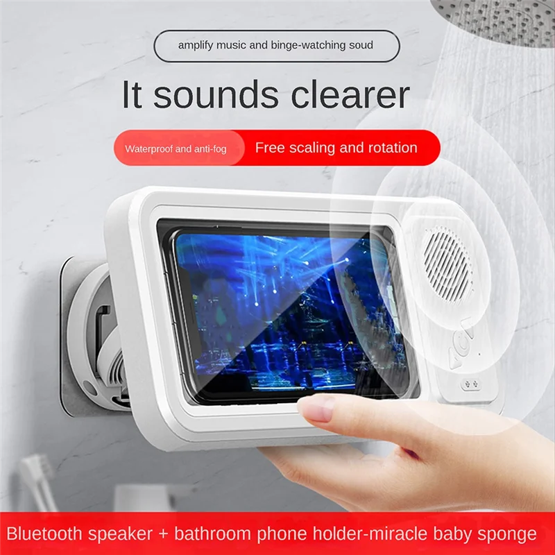 Waterproof Anti-Fog Touch Screen Wall Mounted with Bluetooth Speaker Wall Mount Phone Holder for Shower Bathroom