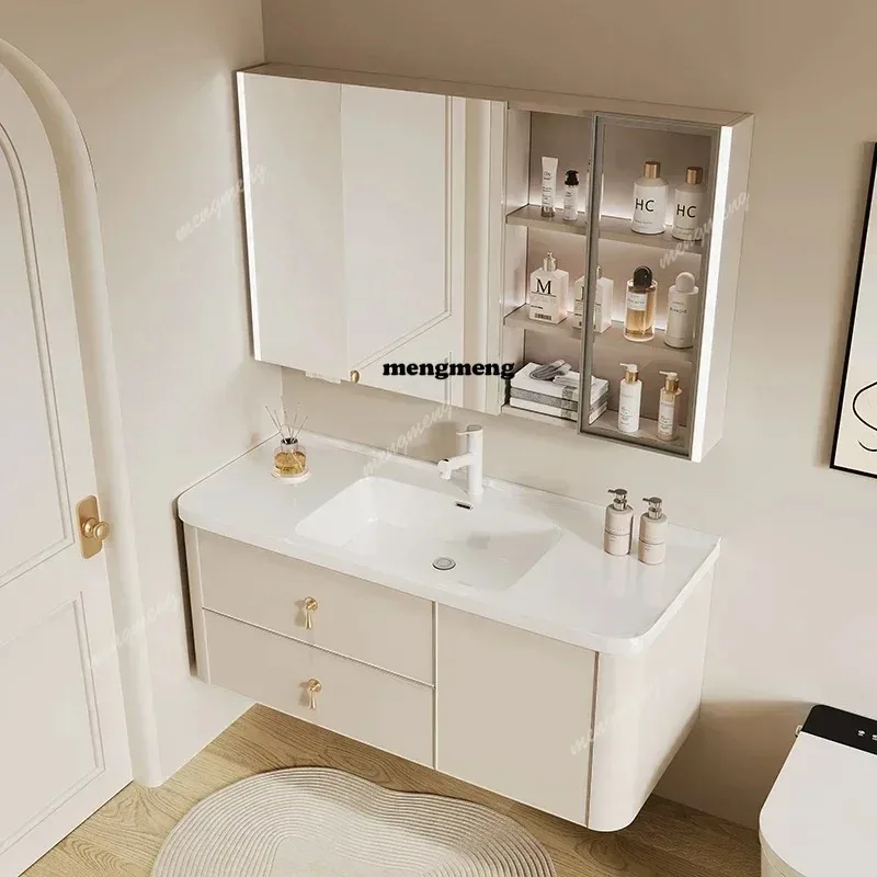 

Nordic Cream Style Ceramic Bathroom Cabinet Combo Modern Simple Design Bathroom Mirror Vanity Home Furniture Muebles De Baño