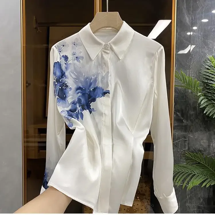 

Imitation Silk Ink Painting Positioning Mulberry Silk Shirt Top Women Shirts Korean Fashion Tops Mujer Camisas Mujer