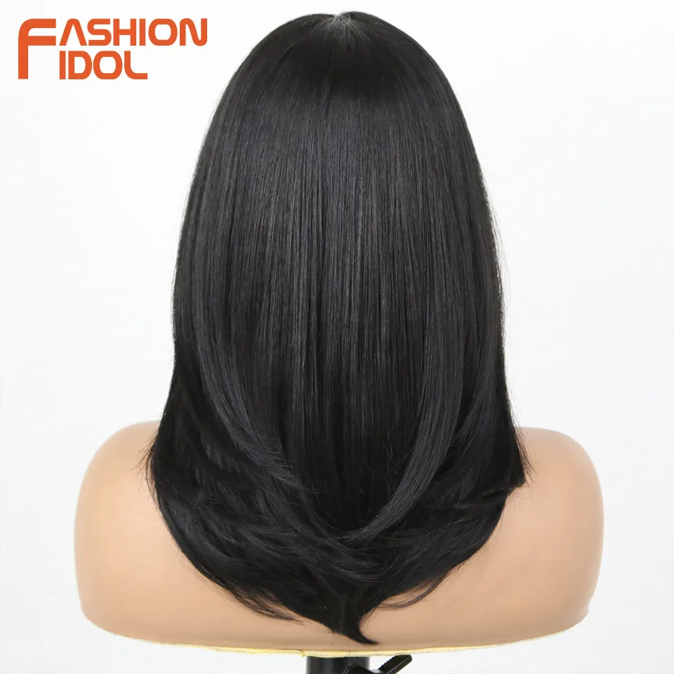 FASHION IDOL 16 Inch 13x3 Lace Front Wigs Synthetic Straight Hair Layered Ombre Brown Free Part Pre-Plucked Bob Wigs for Women image 2