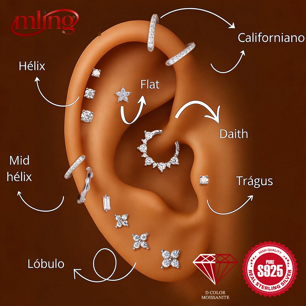 

MLING Flower Geometric Moissanite 925 Sterling Silver Helix Flat Back Piercing Hoop Earring for Women Stud Earring Jewelry Gift