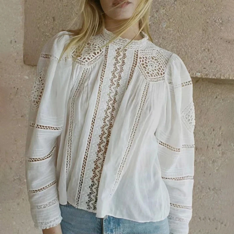 

Elegant Embroidered Lace Hollow out Slim Fit Shirt Women's Summer New Style Cotton Long Sleeve High Collar Patchwork Sleeve S...