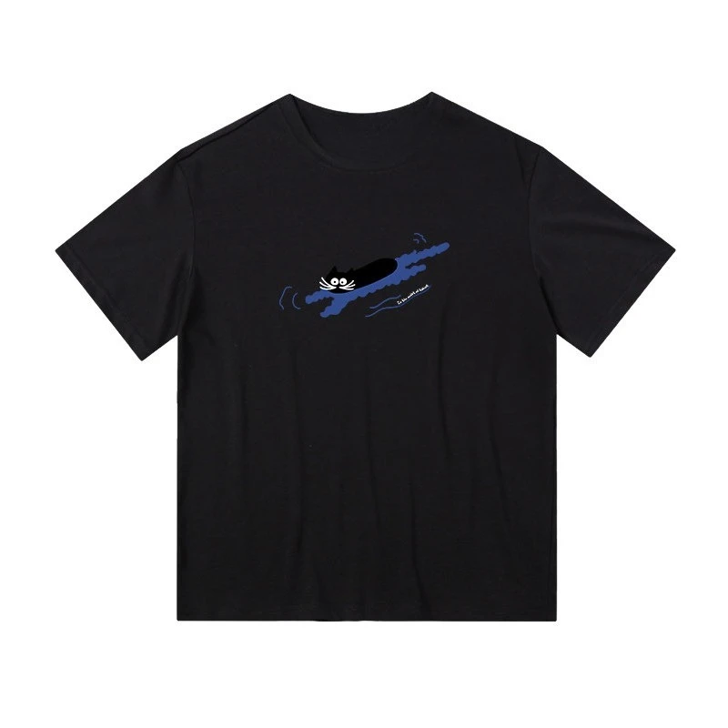 Hot Korean Touch Fish Cat Is Shoulder Blue Short-sleeved T-shirt Spring Summer New Style Cartoon Day Department Leisure