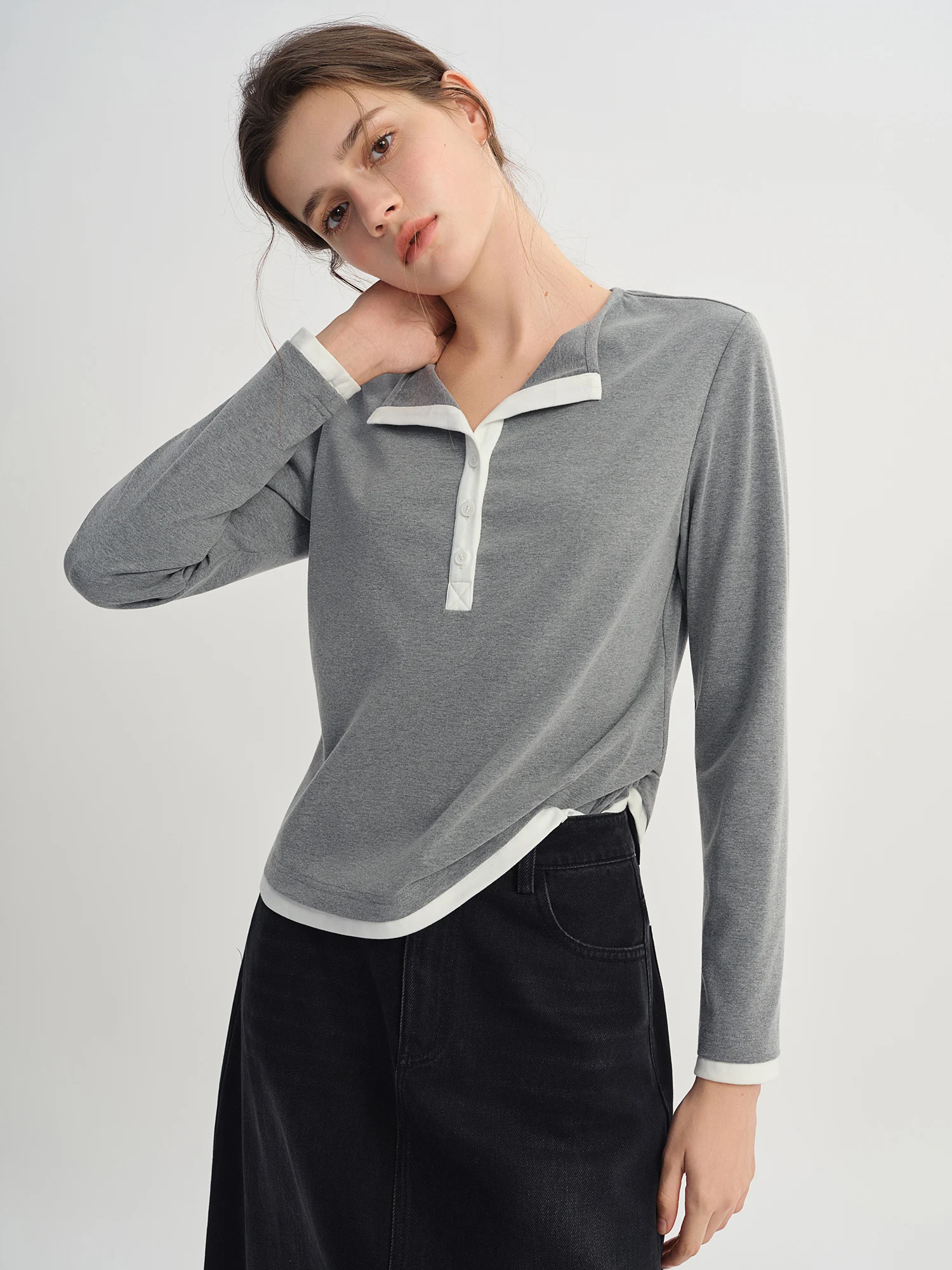 DUSHU Herbst 2025, langärmliges Damen-T-Shirt – kontrastierendes Colorblock-Oberteil mit Henley-Ausschnitt und atmungsaktivem Stoff für den Büro-Casual