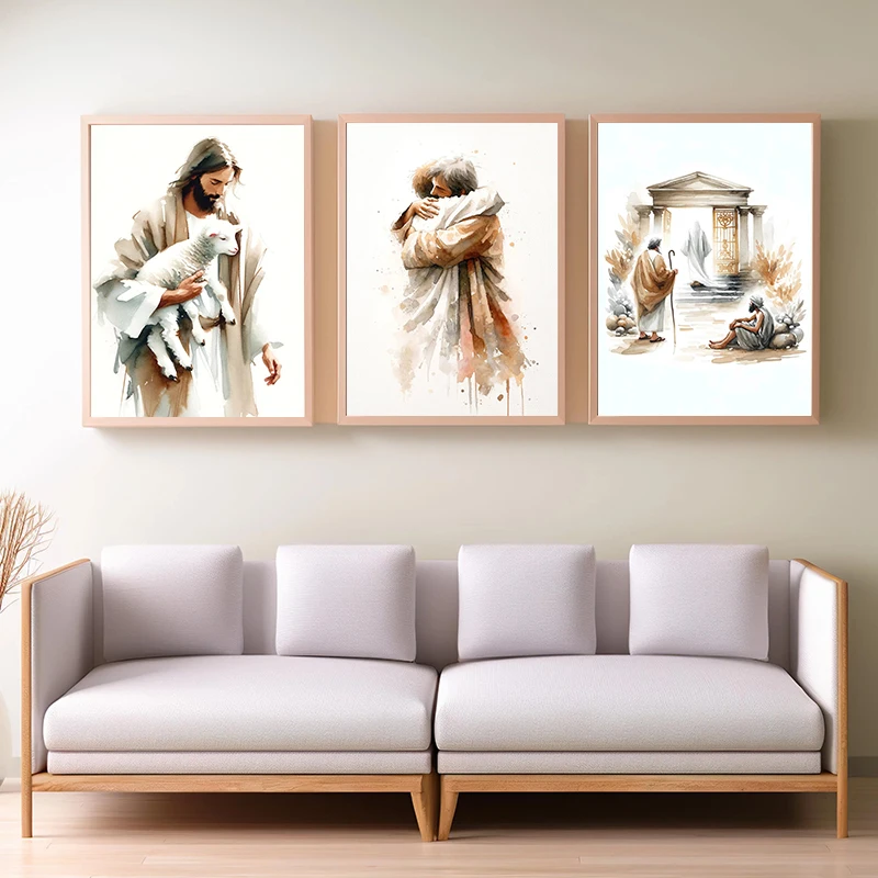 Watercolor The Fables of Jesus Poster The Lost Sheep Sower Prodigal Leaven Canvas Painting Christian Wall Art Picture Home Decor