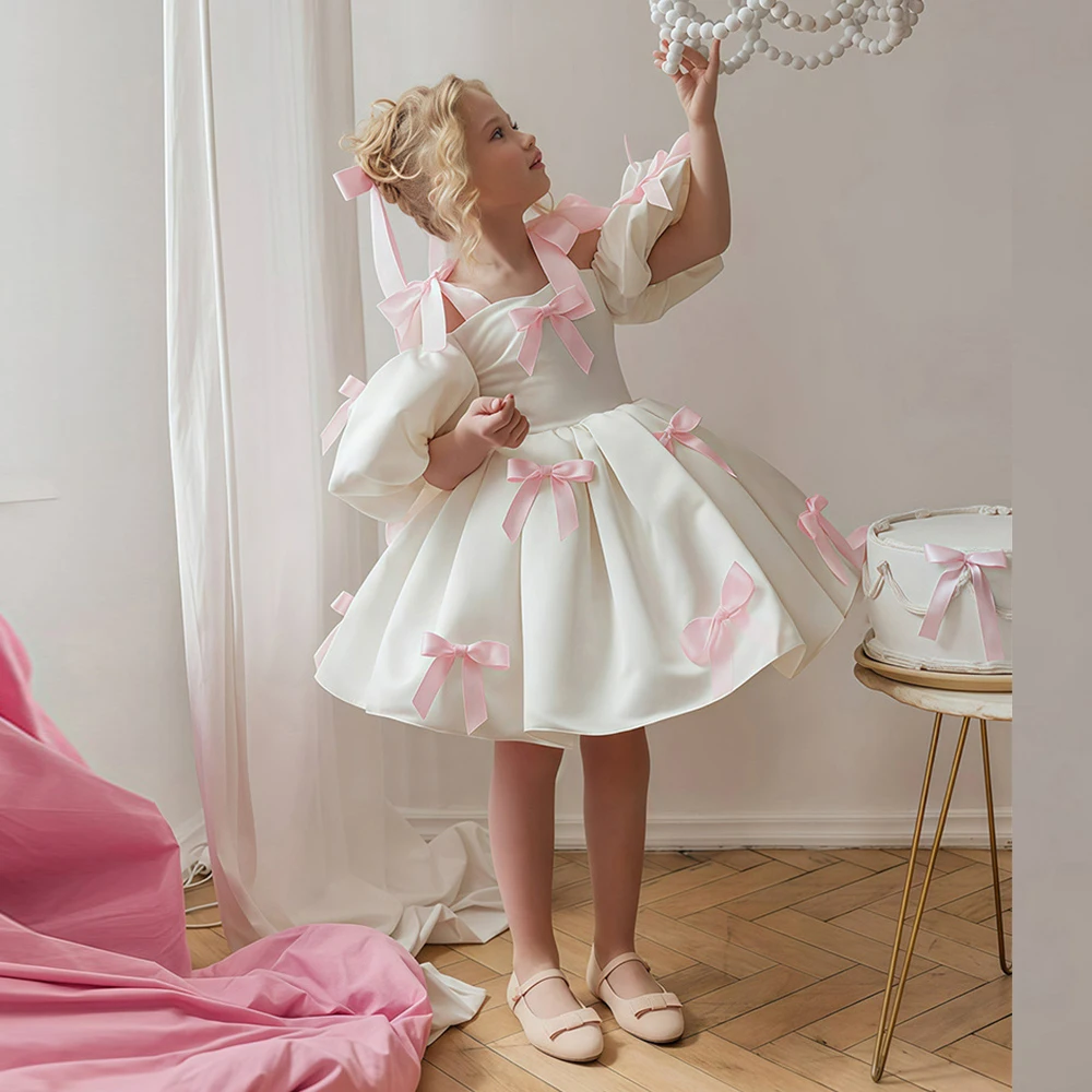 

Off Shoulder White Princess Dress for Girl 2-3Y Pink Bow Fancy Birthday Party Gowns Puff Sleeve Formal Wedding Flower Girl