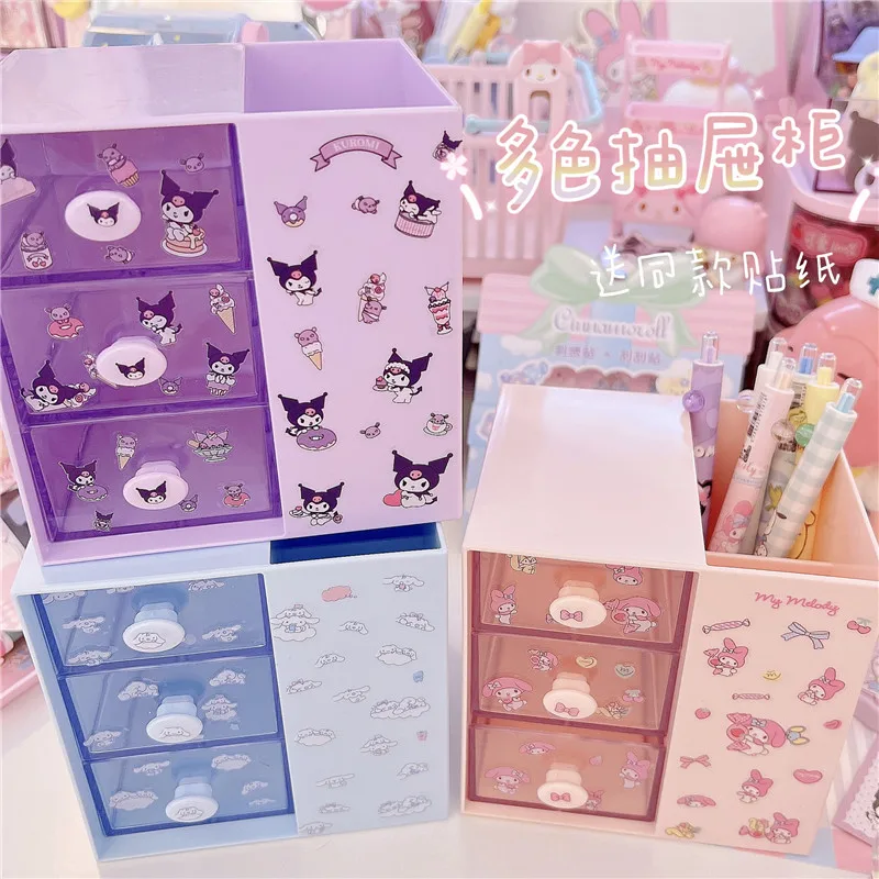 Cinnamoroll My Melody Kuromi Kawaii Three-Tier Translucent Drawer Organizer Anime Sanrioed Desktop Stationery Sundries Storage