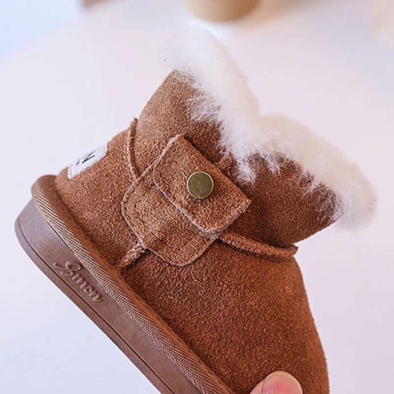 Genuine Leather 2024 Winter Children Snow Boots Soft Sole Warm Plush Pocket Design Zip Side Kid Shoes Fashion Toddler Girls Boot