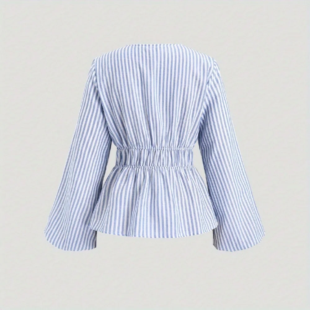Autumn Women's Striped Tie Front Bell Sleeve Blouse Deep V Neck Elegant Peplum Top Shirt