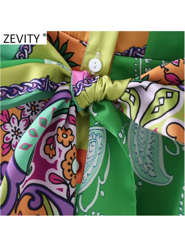 ZEVITY Women Fashion Cloth Patchwork Irregular Print Sashes Midi Shirt Dress Ladies Single Breasted A Line Kimono Vestido DS8791