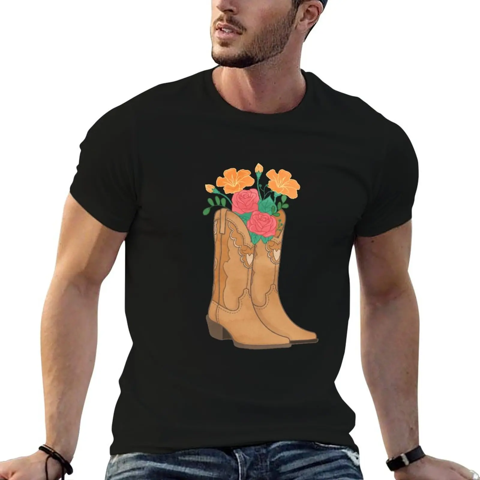

T-Shirt t cotton cotton 100% men shirts Flowers boots t shirt 100% with Cowboy brand luxury