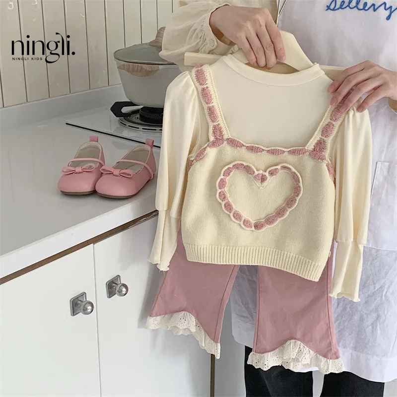 

NL-South Korea Girls Suit2024Autumn Fashionable Baby Girl Love Vest Top Pants Children's Three-Piece Suit