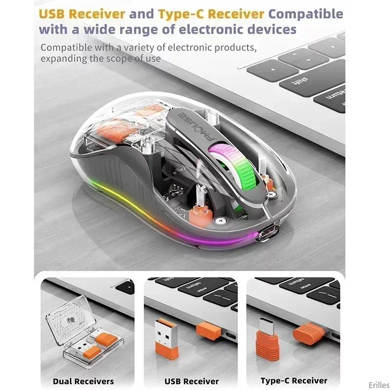 New Style Fully Transparent Mouse Bluetooth Wireless Tri-mode Mute Led Lamp Type-c Mice 2400dpi Intelligence Office Gift