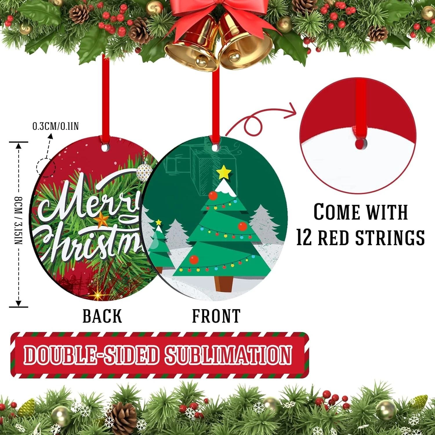 Christmas Sublimation Ornament Blanks -Sublimation Blank Pendants Ornaments Double Side with Red String- Personalized MDF  Deco