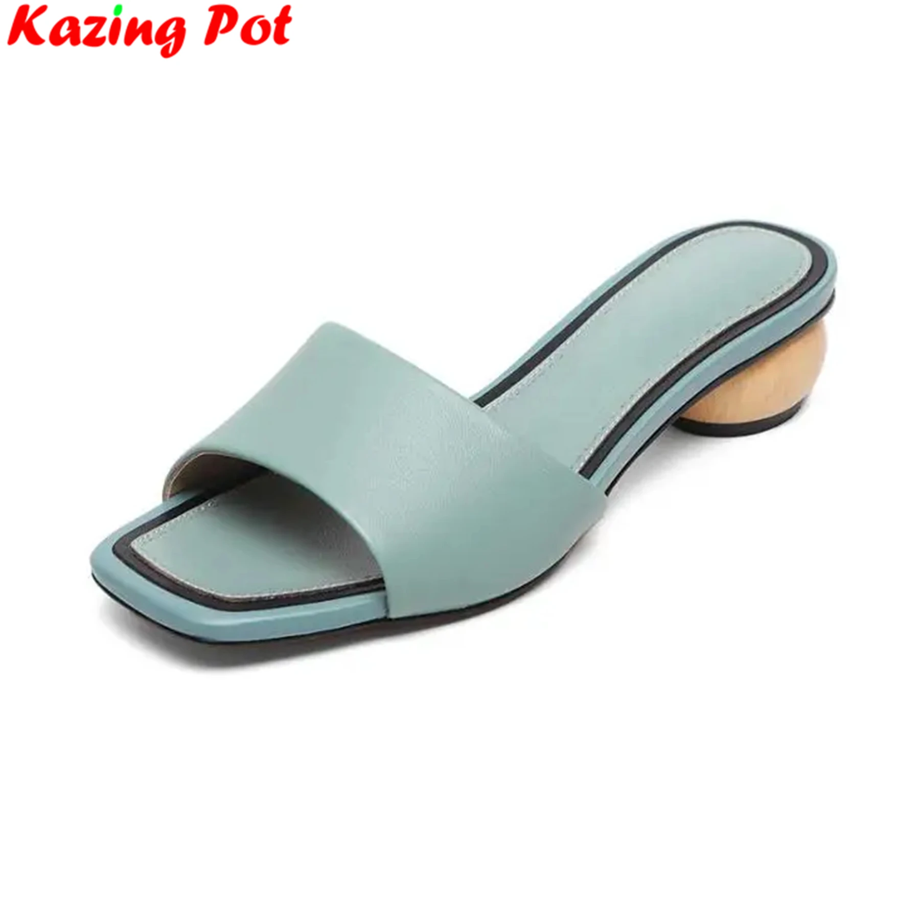 Krazing Pot Natural Leather Peep Toe Med Heel Outside Slippers Solid Office Lady Dating Casual Slip On Summer Shoes For Women